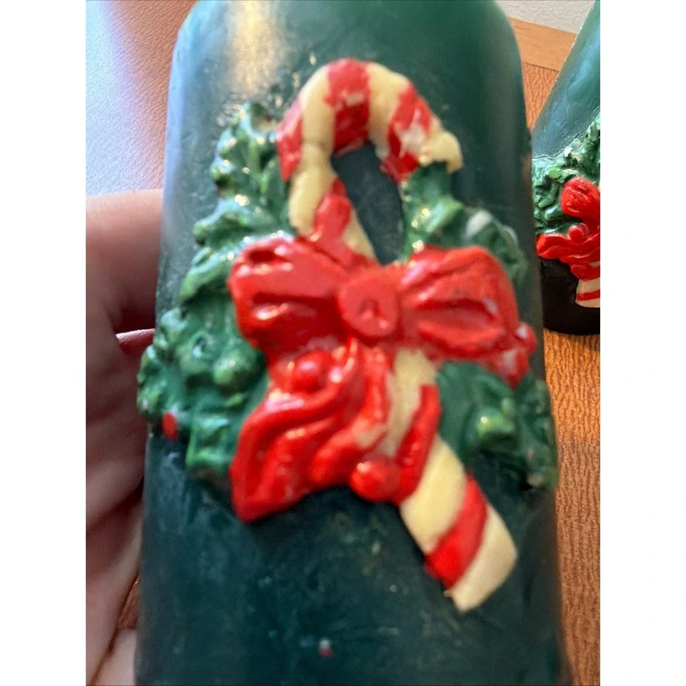 Vtg Pair Christmas Small Green Pillar Candles  Candy Canes 3
